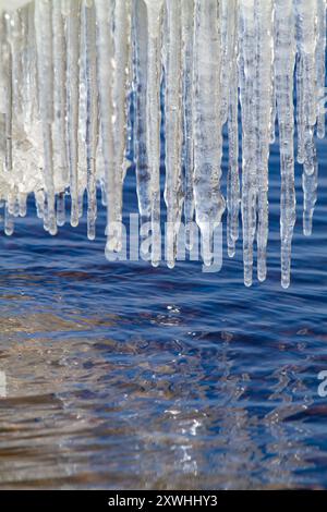 Es ist ein sonniger Frühlingstag. Viele transparente Eiszapfen hängen über dem blauen Wasser. Tropfen fallen von ihnen. Die Eiszapfen bilden eine gerade Reihe. Stockfoto