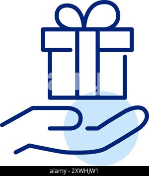 Geschenkbox mit Schleifenband in der Hand. Wohltätigkeits-, handverlesenes Geschenk- oder Pflegesymbol. Pixelperfektes, bearbeitbares Konturvektorsymbol Stock Vektor