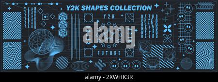 Abstrakte Geometrie hud Drahtmodellformen und -Muster, Cyberpunk-Elemente, Symbole und perspektivische Gitter sowie surreale geometrische Zeichen. Raves psychedelisches Futu Stock Vektor