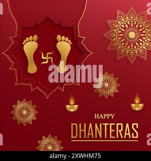 Fröhliche Dhanteras Festivalkarte mit orientalischen Elementen und Diya-Lampe für das indische religiöse Lichterfest Stock Vektor