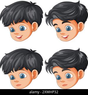 Vier verschiedene Gesichtsausdrücke eines Jungen Stock Vektor