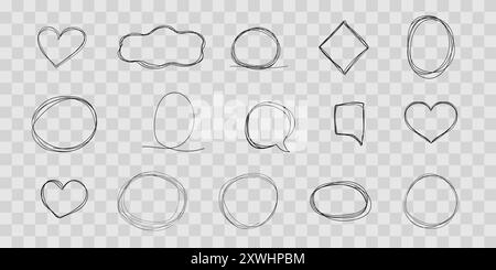 Sprechblasen-Rahmen zum schnellen Zeichnen, Stecken oder Markieren. Comic-Skizzenrahmen, Hervorheben. Wolke, Herz, Kreis-Bubble-Chat, Textfeld. Vektorabbildung Stock Vektor