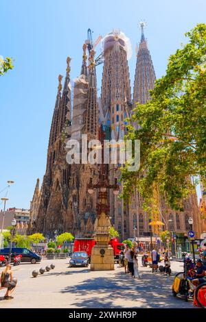 Barcelona, Spanien - 11. Juli 2024: Sagrada Familia umgeben von Bäumen und Fußgängern, die die lebhafte Atmosphäre von Barcelonas berühmtem Wahrzeichen einfangen. Stockfoto