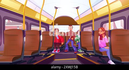 Mobbing-Szene im Schulbus. Vektor-Cartoon-Illustration des Konflikts zwischen Jugendlichen Jungen in öffentlichen Verkehrsmitteln, verängstigte Mädchen, die wütende Kinder streiten, Kinder, die Probleme mit der Kommunikation haben Stock Vektor