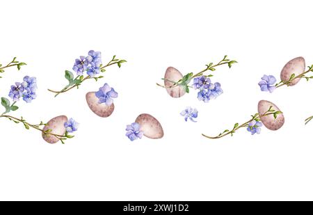 Nahtloser Rand von Aquarellen, ersten blauen Frühlingsblumen und Ostereiern isoliert auf weiß. Osterkarte mit Blumenmuster. Von Hand gezogene Periwinkle. Blumenskizze Stockfoto