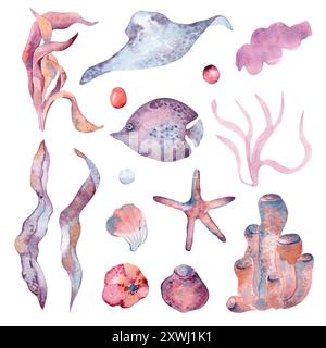 Meerestiere mit Meerespflanzen und -Kreaturen in Aquarellen. Muscheln, Seesterne, Algen handgezeichnete Illustration in Orchideentönen. Einfarbig rosa und blau Stockfoto