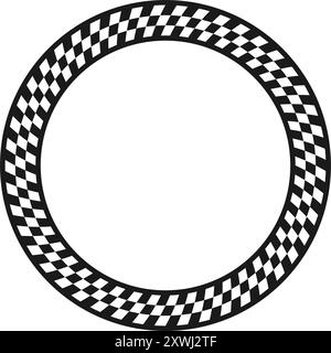 Karierter Kreisrahmen. Muster der kreisförmigen Race Checker-Flagge. Geometrisches Muster des Schachbretts. Schwarzes und weißes Rallye-Schachmuster. Runder Laufrahmen Stock Vektor