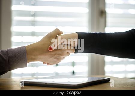 Symbolfoto zum Thema Vertragsabschluss. Handschlag zwischen Mann und Frau ueber einem Tablet mit einem Textdokument auf dem Bildschirm. Berlin, 13.08. Stockfoto