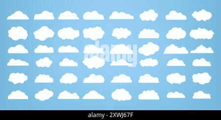 Gruppe, Set aus weißen Wolken Sammlungselementen, Wolken Set und verschiedene Stile Wolken Caroon Stil, in einem flachen Design und weißen Wolken Stock Vektor