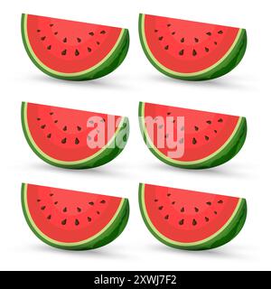 Set aus SECHS Stücken saftiger Bio-Früchte aus Watermelon in Halbschnitt, Scheiben und Dreieck. Rote Wassermelone Stück Vektor, Illustration Stock Vektor