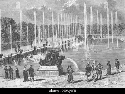 Wasserspiel im Schlosspark von Versailles, um 1880, Frankreich, historische, digital restaurierte Reproduktion eines Originals aus dem 19. Jahrhundert, Rekorddatum nicht angegeben, Wasserkunst im Schloßpark von Versailles, um 1880, Frankreich, historisch, digital restaurierte Reproduktion von einer Vorlage aus dem 19. Jahrhundert. Jahrhundert Stockfoto