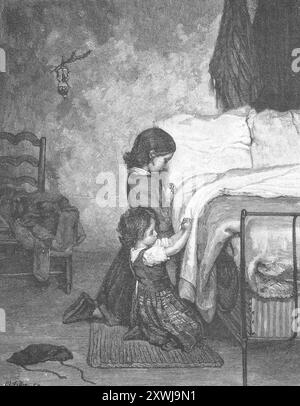 Kinder beten am Bett, 1895, Deutschland, historische, digital restaurierte Reproduktion eines Originals aus dem 19. Jahrhundert, Rekorddatum nicht angegeben, Kinder beim Abendgebet am Bett, Deutschland, historisch, digital restaurierte Reproduktion von einer Vorlage aus dem 19. Jahrhundert. Jahrhundert Stockfoto