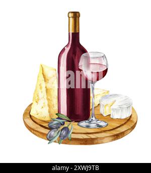 Aquarellkomposition mit Flasche Rotwein, Weinglas mit Rotwein, Brunch mit Oliven und italienischen und französischen Käsesorten, Brie, Camembert und Parmesan Stockfoto