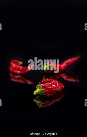 Drei rote Chilischoten auf schwarzem Hintergrund, Kopierraum oben Stockfoto