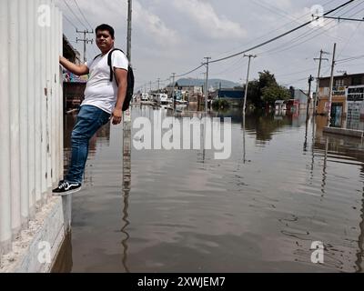 Chalco, Mexiko. August 2024. Achtzehn aufeinander folgende Tage lang haben starke Regenfälle Tausende von Menschen getroffen und Überschwemmungen bis zu eineinhalb Meter hoch verursacht; dies hat große materielle und wirtschaftliche Verluste verursacht; zusammen mit dieser Situation beeinträchtigt Abwasser die Gesundheit der Bewohner des Viertels Culturas de Mexico und der umliegenden Gebiete am 19. August 2024 in Chalco, Bundesstaat Mexiko, Mexiko. (Foto: Josue Perez/SIPA USA) Credit: SIPA USA/Alamy Live News Stockfoto