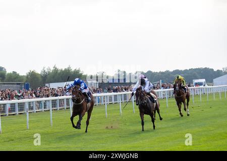 Windsor, Berkshire, Großbritannien. August 2024. APULIEN, geritten von Jockey Hollie Doyle (blaue und weiße Seide), schlägt CASSANDRAALEXANDRA, geritten von Jockey Saffie Obsborne, und gewinnt die Get Raceday Ready Nursery Handicap Stakes (Klasse 6) auf der Royal Windsor Racecourse in Windsor, Berkshire beim Monday Night Races Final Fiesta Race Meeting. Besitzer Bengough, Treacher & Tully, Trainer Ed de Giles, Ledbury, Züchter James & Geoff Mulcahy, Sponsor Ed de Giles Racing. Quelle: Maureen McLean/Alamy Live News Stockfoto