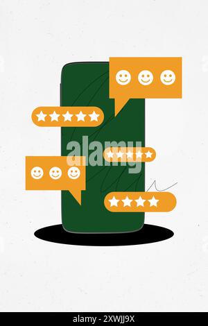 Collage Artwork Bild des modernen Gerätebildschirms Social Media Blogging Popularität isoliert auf Zeichnung kreativen Hintergrund Stockfoto