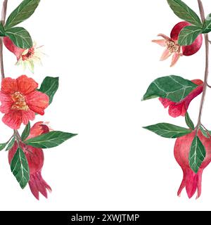Ein Zweig mit Granatäpfeln, Blumen und Blättern Aquarellrahmen isoliert auf weiß. Handgezeichnetes realistisches Fruchtelement für Karten, Banner, Poster Stockfoto