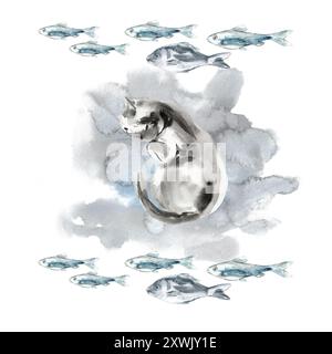 Die Katze liegt auf der Seite und träumt von Fischen. Schlafende Katze und schwimmende Fische im Wasser. Die Katze kuppelt sich auf dem Hintergrund von Wasserflecken. Der Rahmen ist Stockfoto