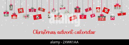 Weihnachts-Adventskalender mit Geschenkboxen Girlande für Winterferien, Vektor-Hintergrund. Weihnachts-Adventskalender mit Dezembertagen und Geschenkartikeln mit Bändern in Wrapper mit Schneeflocken-Verzierung Stock Vektor
