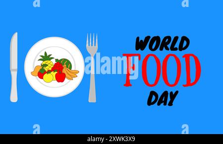 World Food Day, 3D-Illustration. Konzeptdesign für soziale Medien. Konzept für den Welternährungstag mit Teller, Löffel, Gabel und Früchten in Teller Stock Vektor