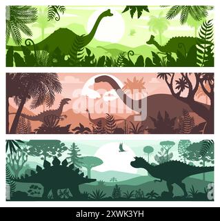 Prähistorische Dinosaurier-Silhouetten im tropischen Wald. Horizontale Vektor-Banner zeigen Dino-Arten, die in üppigen prähistorischen Landsc herumfliegen und fliegen Stock Vektor