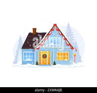 Isoliertes Weihnachts-Winterhaus außen, Hausfassade mit schneebedecktem Dach. Vector Vorstadthütte, geschmückt mit funkelnden Lichtern, festlichem Kranz und einer Schneestäubung, die Feiertagsstimmung ausstrahlt Stock Vektor