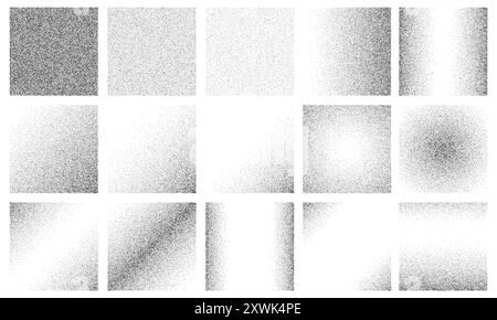 Quadratisches Gradientenrauschen, Kornvektortexturen. Schwarz-weiß gepunktete abstrakte quadratische Formen mit verblasster Abstufung von Rauschen, Grunge-Punktmuster oder Stipple-Effekt. Gepunktete Halbtongeometrien Stock Vektor