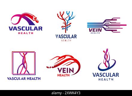 Venengesundheitssymbole, Gefäßarteriensymbole der Vektormedizin und des Gesundheitswesens. Blaue und rote Blutgefäße des Kreislaufsystems mit Blutkörperfluss, Gefässchirurgie oder Phlebologiesignalen gesetzt Stock Vektor