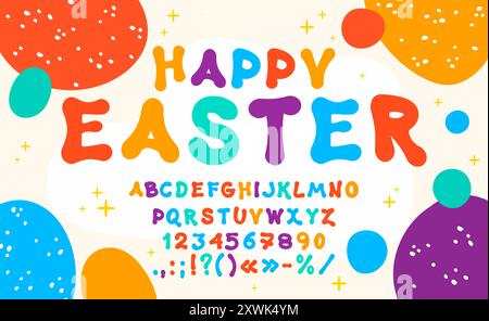 Funky Schriftart, Kinderschriftart, lustige nette Schrift, Zeichentrickspiel englisches Alphabet Vektor Typografie. Funky Comic Buchstaben und Zahlen mit Osterferien c Stock Vektor