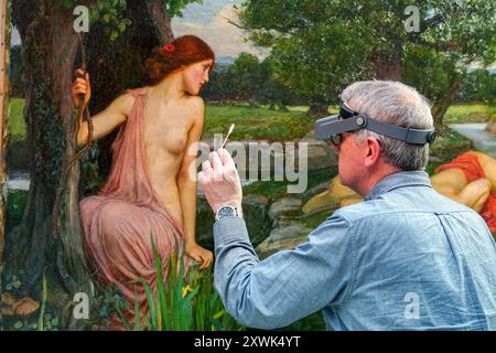 David Crombie, Senior Painting Conservator, führt Restaurierungsarbeiten an John William Waterhouse's Gemälde Echo and Narcissus, 1903, im Konservierungsstudio am Midland Railway Building in Liverpool durch. Das Gemälde aus der Sammlung der Walker Art Gallery, eines der bekanntesten Gemälde aus dem viktorianischen Großbritannien, wird lebenswichtigen Restaurierungsarbeiten unterzogen, bevor es später in diesem Jahr an Hamburg ausgeliehen wird. Bilddatum: Dienstag, 20. August 2024. Stockfoto