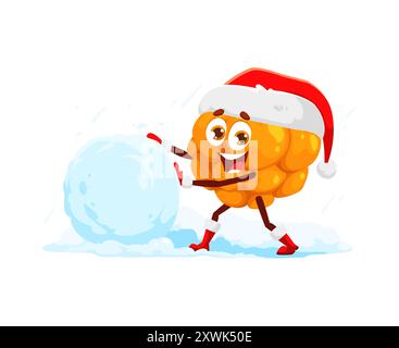 Cartoon Weihnachten Wolkenbeere Charakter genießt Outdoor-Aktivitäten. Isolierte Vektor saftige Persönlichkeit in Santa Claus Hut und Handschuhen, rollende Schneebälle für Schneemann auf der Straße Stock Vektor