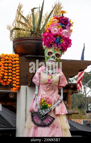 Dia de los Muertos (Day of the Dead) ornament, funny skull woman portrait isolated on white background, Halloween decor, Mexican traditional holiday Stock Photo