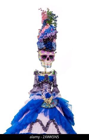 Dia de los Muertos (Day of the Dead) ornament, funny skull woman portrait isolated on white background, Halloween decor, Mexican traditional holiday Stock Photo