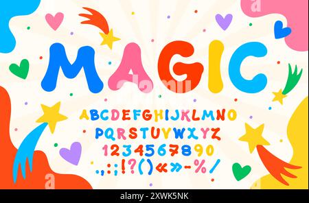 Funky Schriftart oder lustige nette Art von Kinderschriftart für Spiel, Vektor-englisches Alphabet. Lustige Comic-Schriftart, magische bunte Schriftart und Märchenschrift für Kinder in abstrakten, fetten Linien Stock Vektor