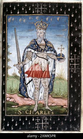 Karl der große (742–814), König der Franken, gekleidet als Kaiser. Miniatur aus den Stunden des Herzogs von Mayenne. 1501-1600 B. N, Paris. Stockfoto