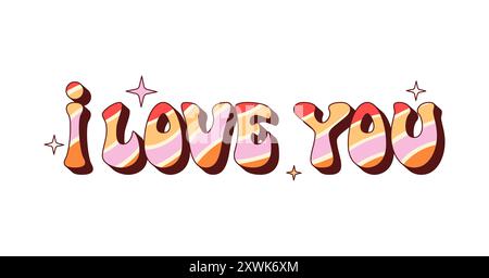 Retro y2k Groovy I Love You Phrase in kräftigen, farbenfrohen Buchstaben mit einem Streifenmuster in Rot-, Rosa-, Orange- und Gelbtönen und kleinen Sternformen umgeben den Text. Cartoon Vektor verspielte Typografie Stock Vektor