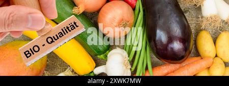 Bio-Qualität von Lebensmitteln ein Holzstempel ist beschriftet mit dem Aufdruck: Bio-Qualität über frisches Obst und Gemüse - FOTOMONTAGE *** Bio q Stockfoto