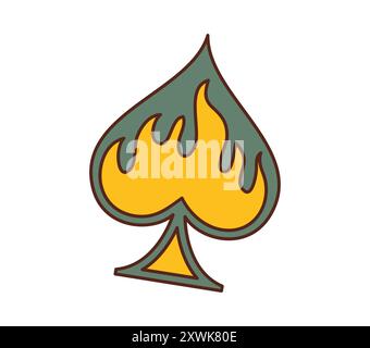 Casino Cartoon groovige Pik Karte Symbol für Glücksspiel Poker Spiel, Vektor-Symbol. Casino Poker Jackpot oder Spielautomat Glücksspiel-Symbol mit Pik und Feuerflamme für Glücksspiel-Zeichen in grooviger Zeichentrickkunst Stock Vektor