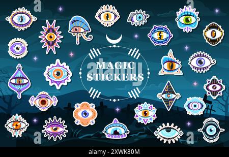 Stickerpackung mit magischen Hexenaugen. Mystische esoterische Symbole vor einem dunklen, verzauberten Hintergrund mit nachtgespenstischem Friedhof. Vektorsatz von übernatürlichen und okkulten Allsehenden Augenflecken Stock Vektor