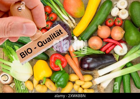 Bio-Qualität von Lebensmitteln ein Holzstempel ist beschriftet mit dem Aufdruck: Bio-Qualität über frisches Obst und Gemüse - FOTOMONTAGE *** Bio q Stockfoto