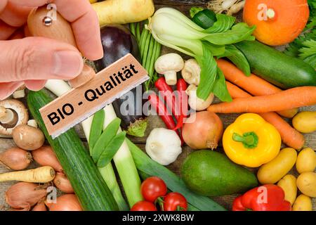 Bio-Qualität von Lebensmitteln ein Holzstempel ist beschriftet mit dem Aufdruck: Bio-Qualität über frisches Obst und Gemüse - FOTOMONTAGE *** Bio q Stockfoto