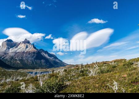 Beeindruckender Bergblick auf einer Wanderung vom Refugio Frances nach Paine Grande im Torres Del Paine Nationalpark, Patagonien, Chile. Stockfoto