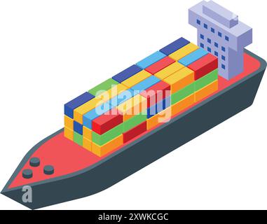 Illustration eines Frachtschiffes, das zahlreiche bunte intermodale Container transportiert, symbolisiert globalen Handel und Logistik Stock Vektor