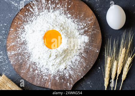 Zubereitung von Teig, Backen von Zutaten Mehl Eier auf rustikalem Tisch Stockfoto