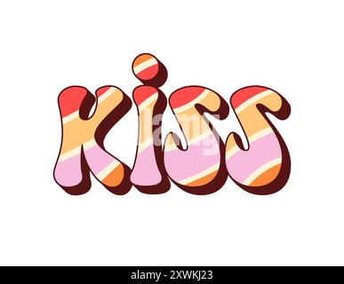 Retro y2k Groovy Kiss Vektor Typografie Schriftzüge. Vintage-Regenbogenschrift mit psychedelisch-funky Hippie-Text. Grooviges buntes Kiss-Wort mit geometrischem Streifenmuster und Hippie-Print Stock Vektor