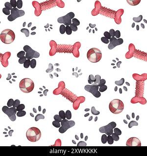 Nahtloses Muster. Spuren von Hunden und Katzen, Tierspielzeug, Hundeknochen, Kugeln, alle Gegenstände werden manuell mit Aquarell auf weißem Hintergrund übergeben Stockfoto