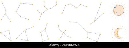 Abstrakte Sternbilder Sonnenmond. Mondsichel mit Strichstrahlen, Universumsdekorationen im Boho-Stil und Sternen. Isolierter flacher Vektorsatz Stock Vektor