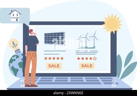 Ein Mann, der über alternative Energie für Haus nachdenkt. Heizungsanlage und Strom für den Wohnungsbau. Solarpaneele und Windturbinen, Online-Verkauf, Vektorszene Stock Vektor