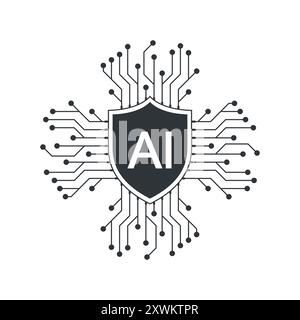 KI-Sicherheits-Digitalchip. KI-Cybersicherheitstechnologie Netzwerkschutzkonzept. KI-Sicherheitsschild für Halbleitertechnologie Stock Vektor